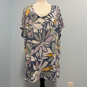 NICOLE MILLER Women’s 100% Linen Short Sleeve Floral Top Shirt Size 2XL